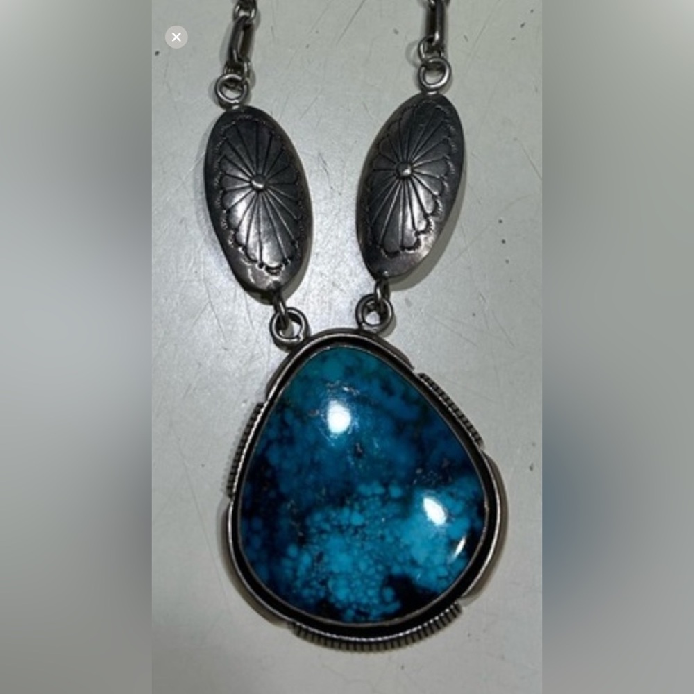 Vintage Inlaid Turquoise Navajo Pendant with intricate sterling design